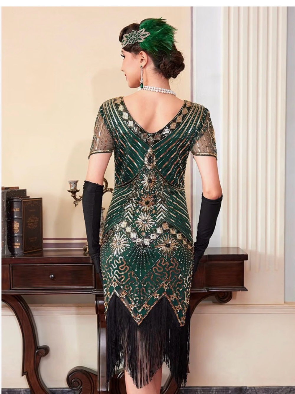 Vintage-Inspired Emerald Green Beaded Fringe Midi Dress